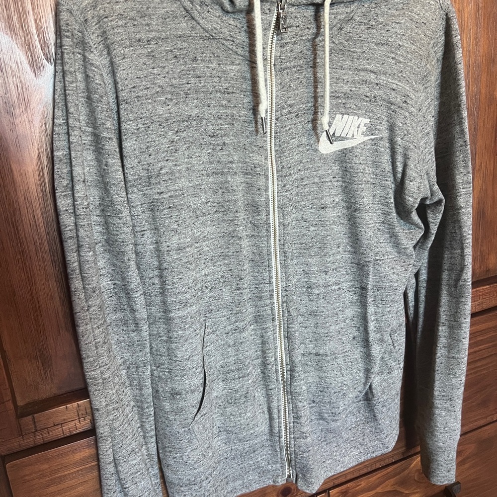 Nike Gray Zip-Up Sweater with Hood and Swoosh